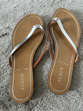 J. Crew Metallic Leather Flip Flops in Silver size 7